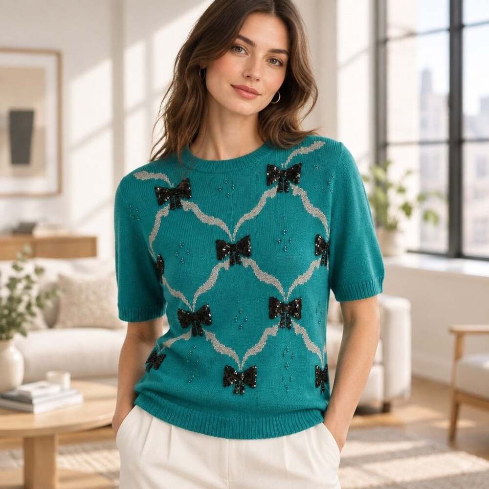 Vintage Pia Knits Short Sleeve Sweater Size L Teal Bow Sequin Beaded